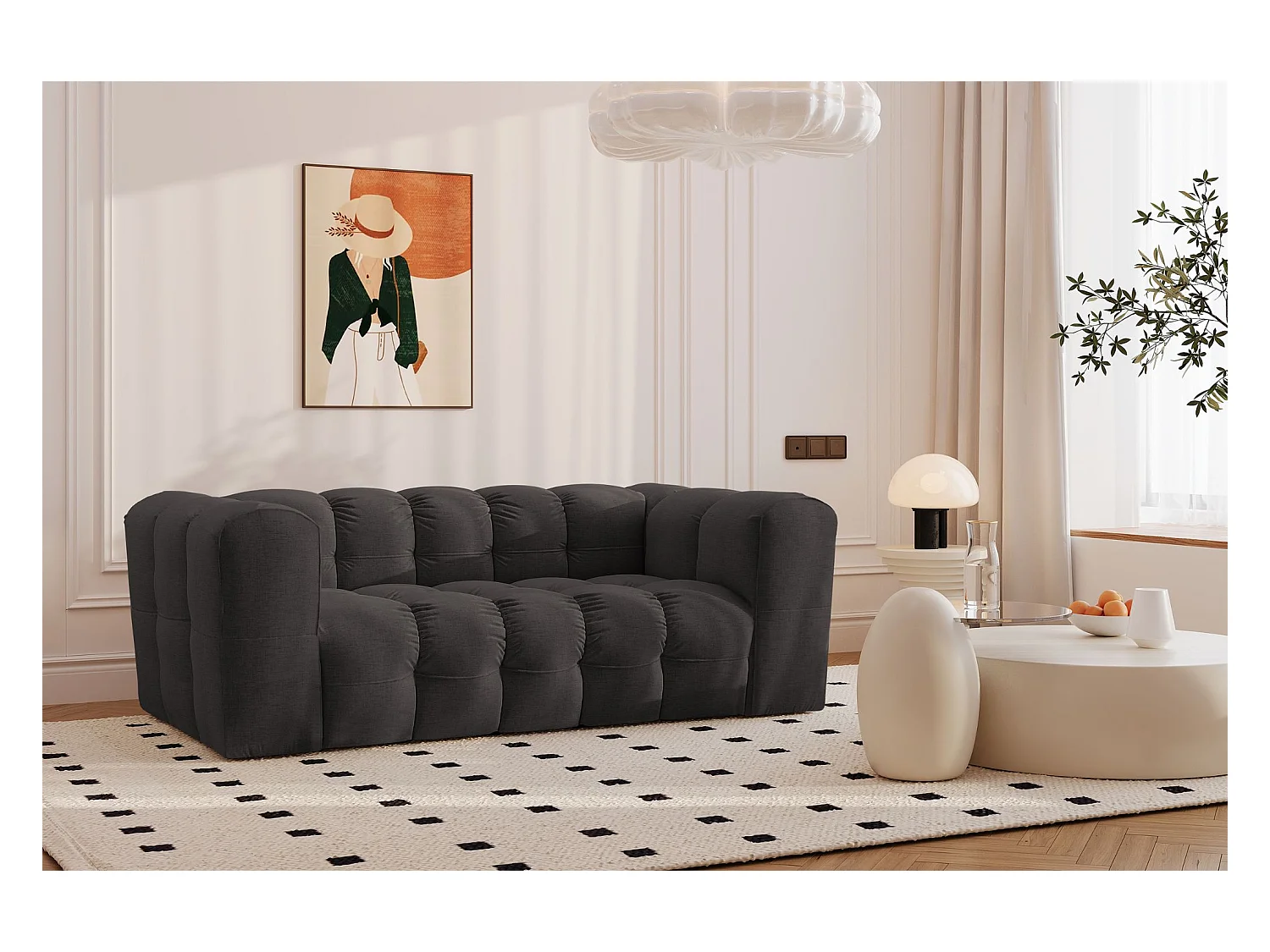 Sofa 2-Sitzer, Komfort Couch BALOO, stoff Schenille, Schwarz