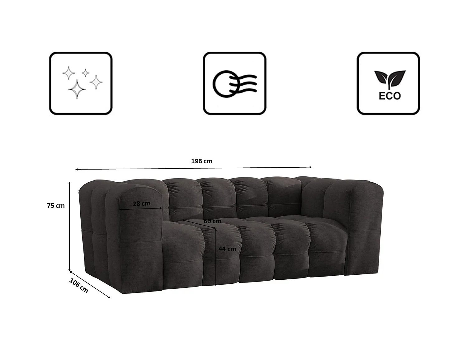 Sofa 2-Sitzer, Komfort Couch BALOO, stoff Schenille, Schwarz