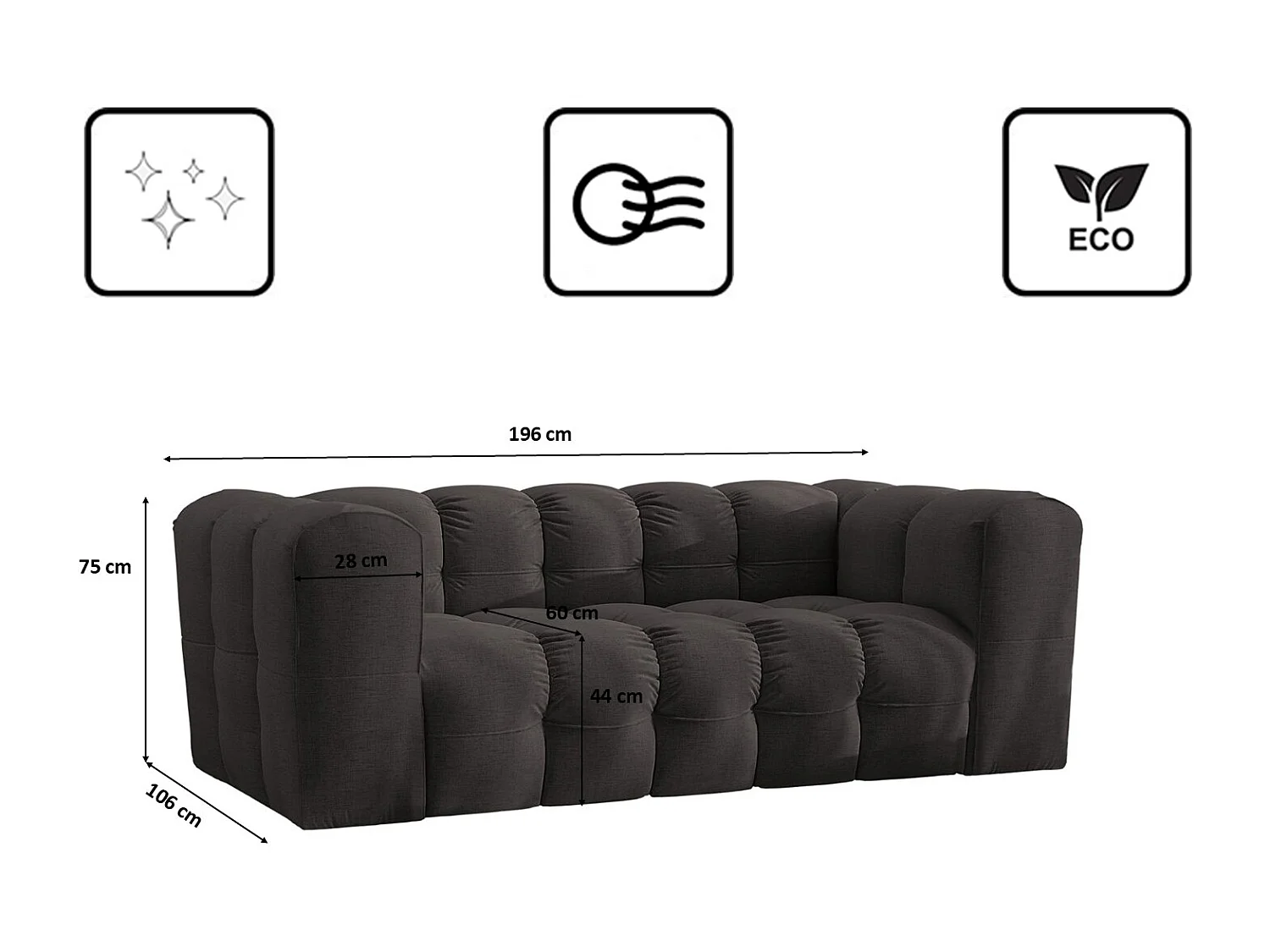 Sofa 2-Sitzer, Komfort Couch BALOO, stoff Schenille, Schwarz