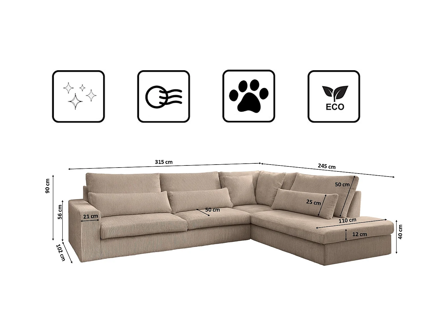 Canapé d'angle en L SVEN tissu Poso beige foncé droit