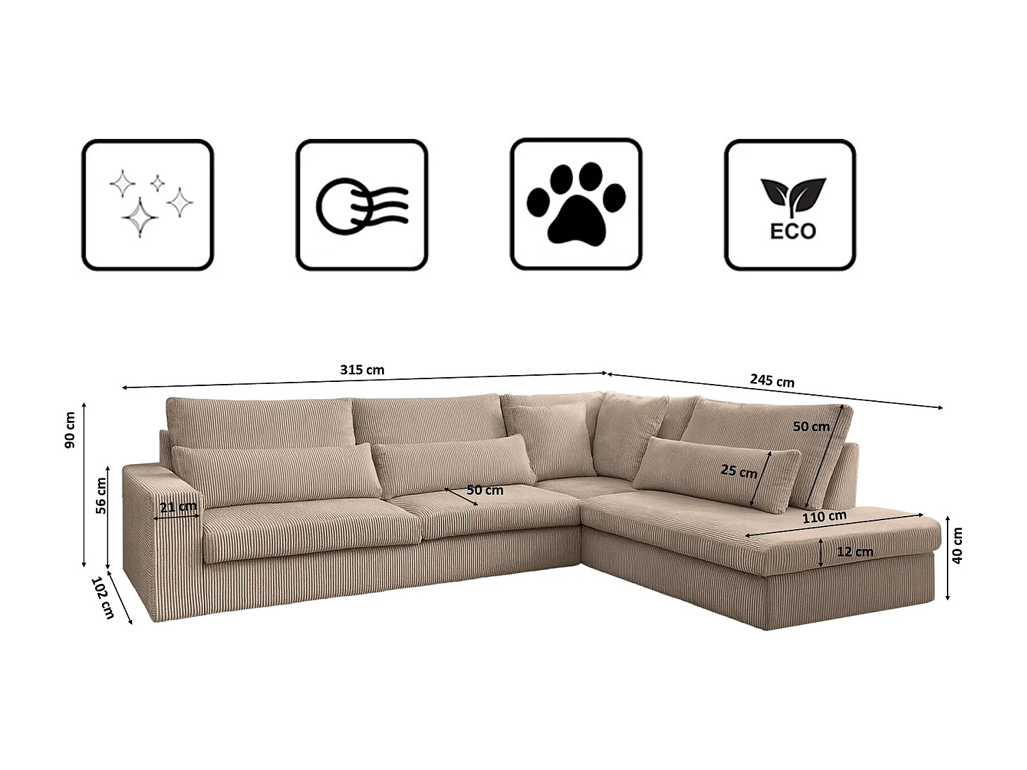 Canapé d'angle en L SVEN tissu Poso beige foncé droit