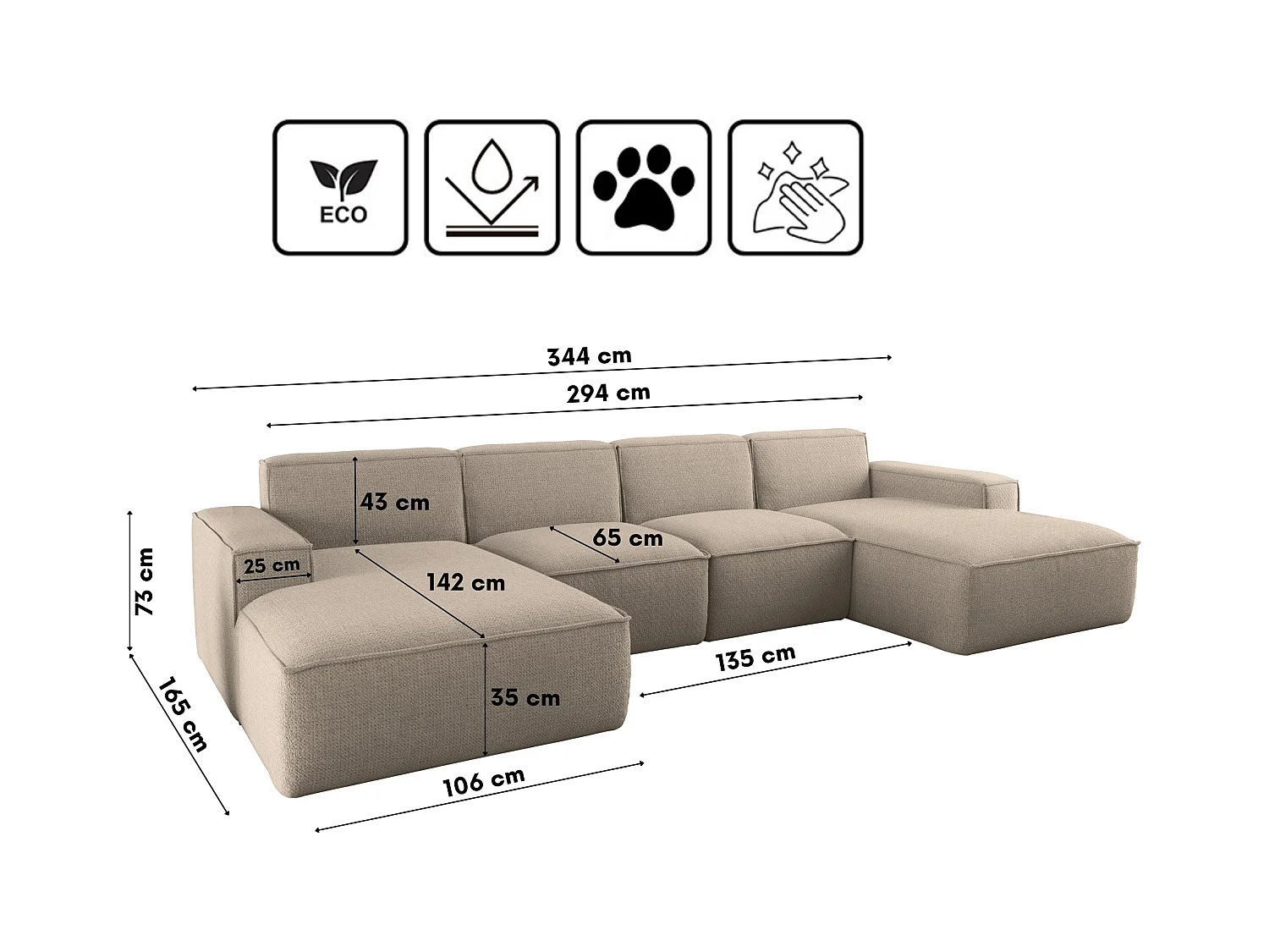 Canapé d'angle en U Siena avec tissu Artico Beige