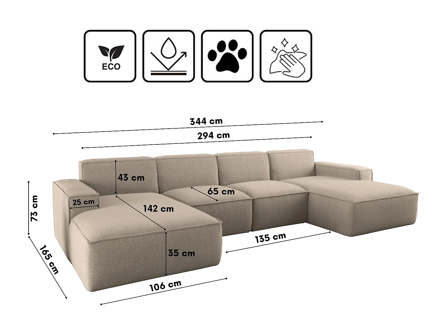 Canapé d'angle en U Siena avec tissu Artico Beige