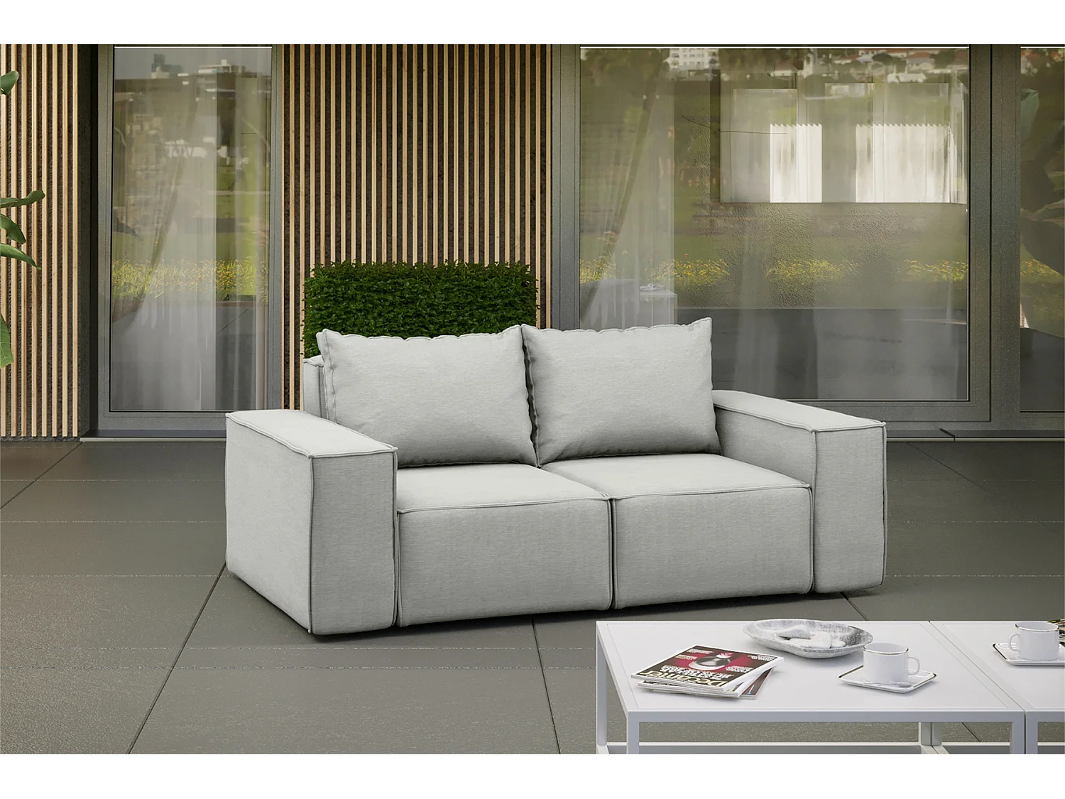Salon de jardin canapé deux places SONNE, tissu ARTICLE, gris clair