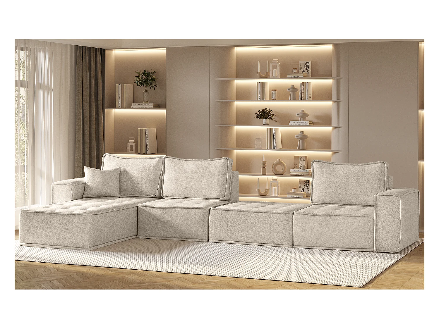 Bohoo XL L-vormige hoekbank, stof Raven, lichtbeige, links