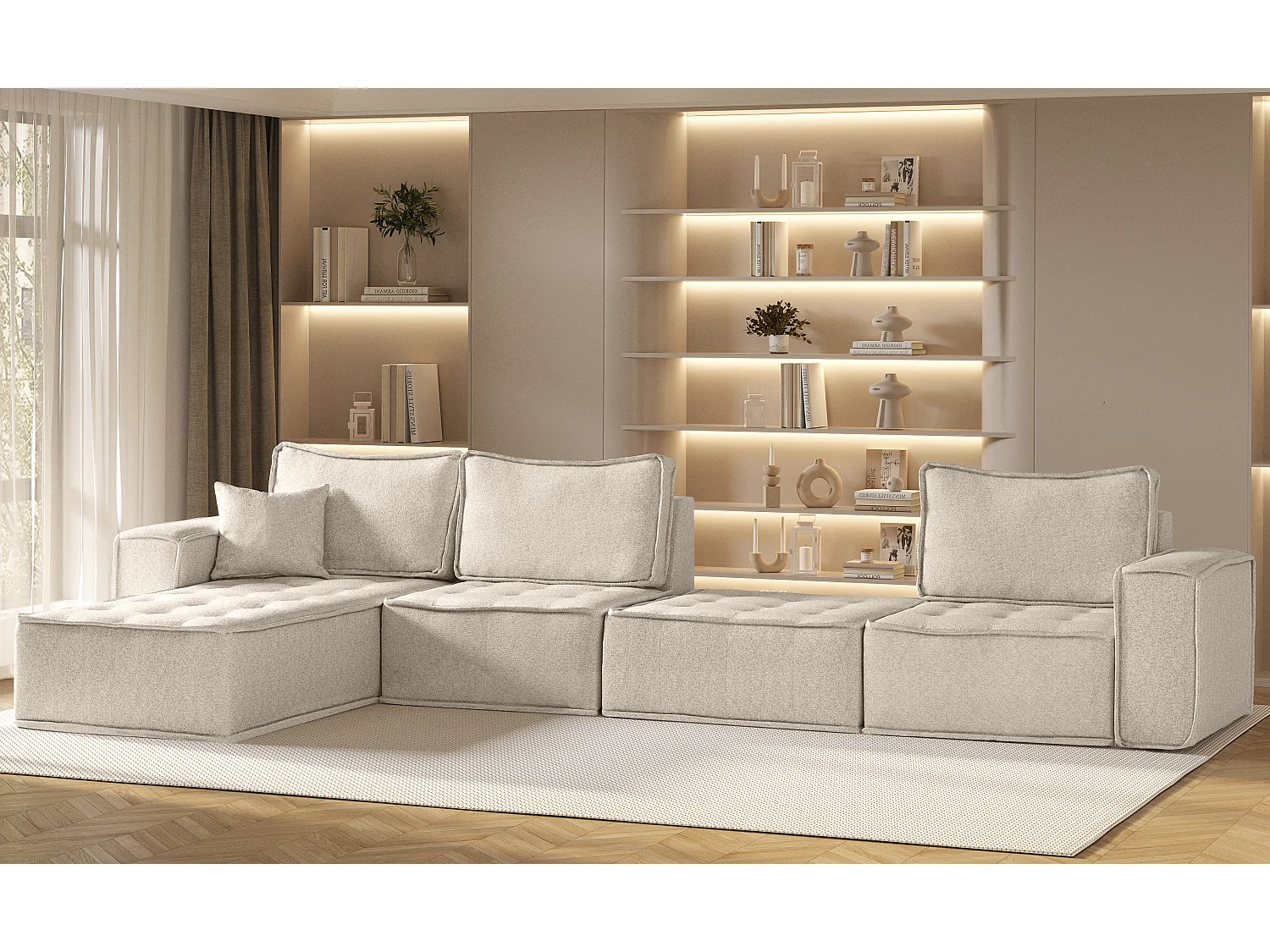 Canapé d'angle Bohoo XL en L, tissu Raven, beige clair, gauche