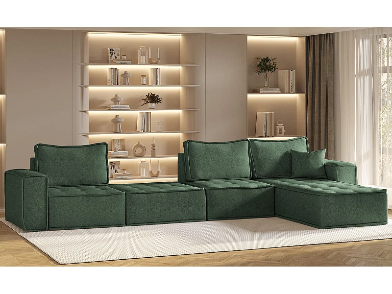 Canapé d'angle Bohoo XL en L, tissu Raven, vert clair, droit