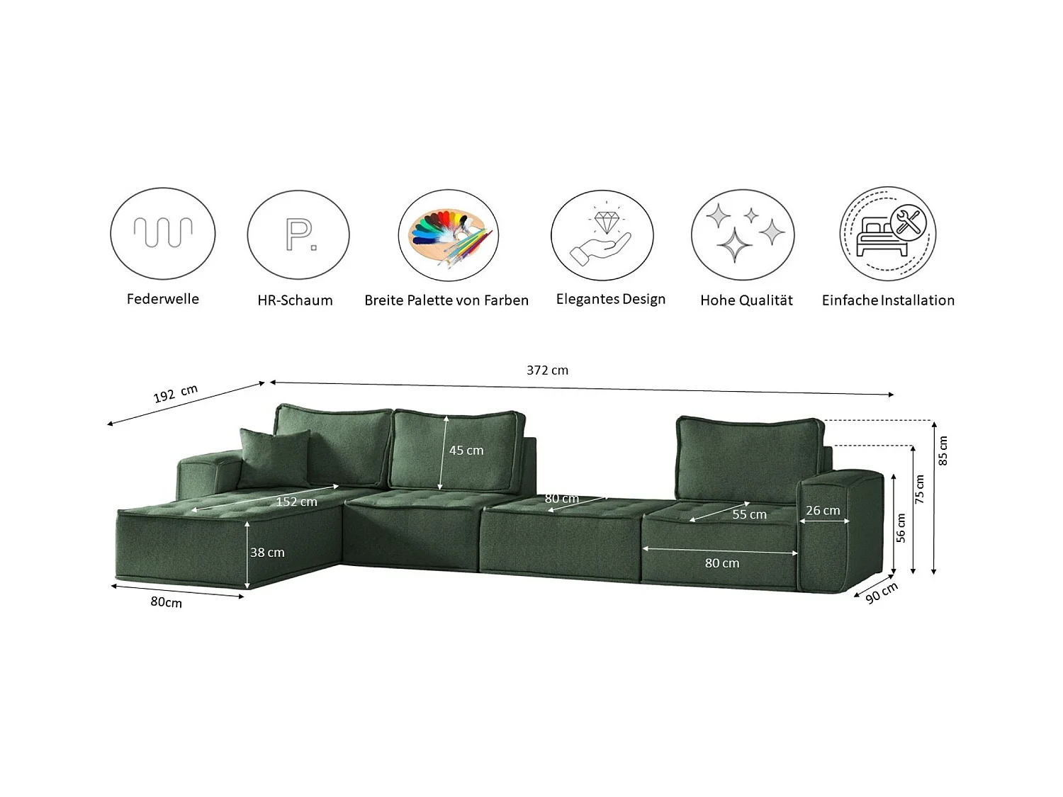 Canapé d'angle Bohoo XL en L, tissu Raven, vert clair, droit