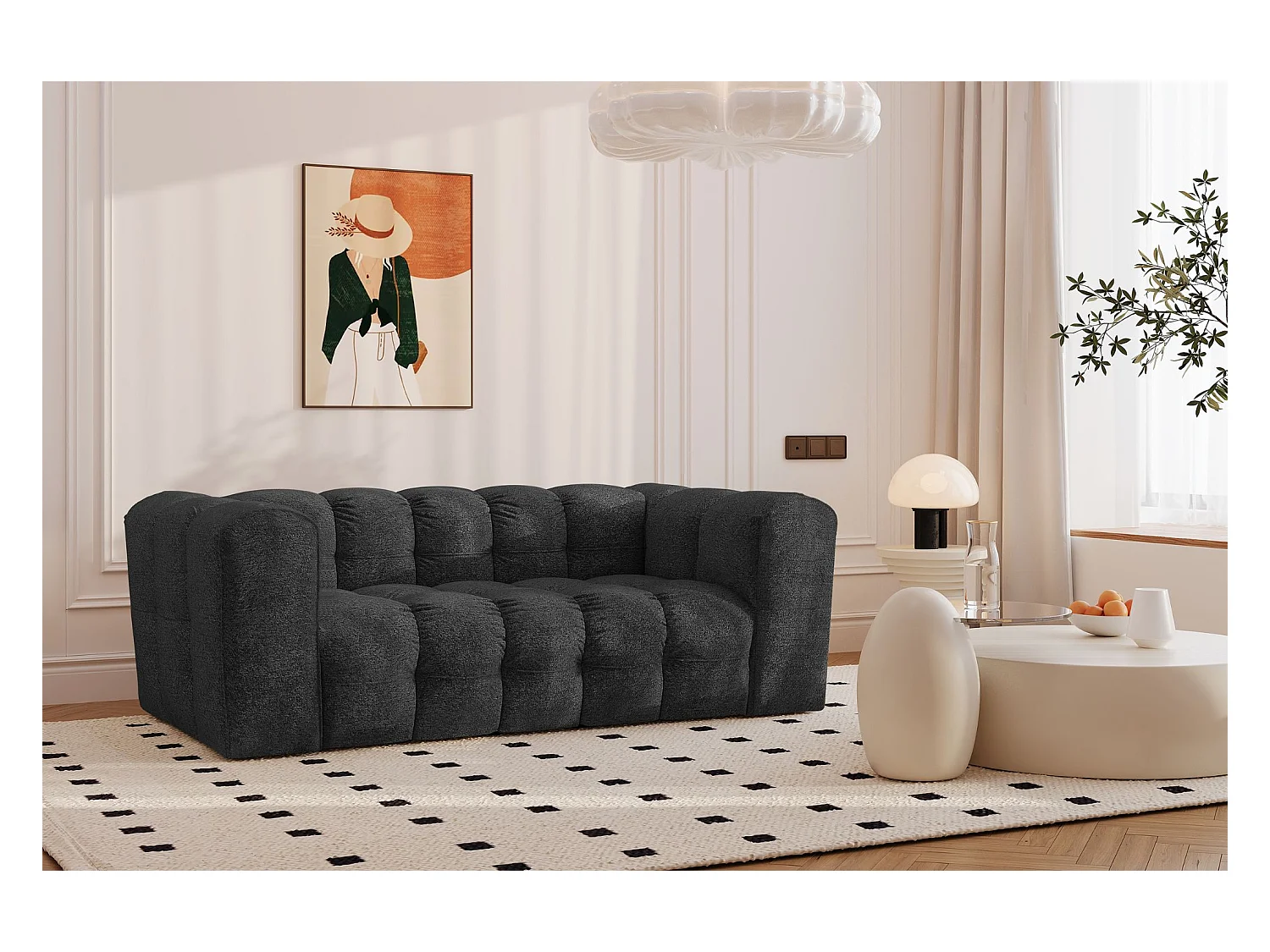 Sofa 2-Sitzer, Komfort Couch BALOO, stoff Schenille & Bouclé, Graphit