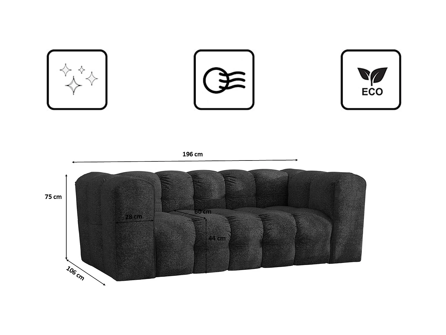 Sofa 2-Sitzer, Komfort Couch BALOO, stoff Schenille & Bouclé, Graphit