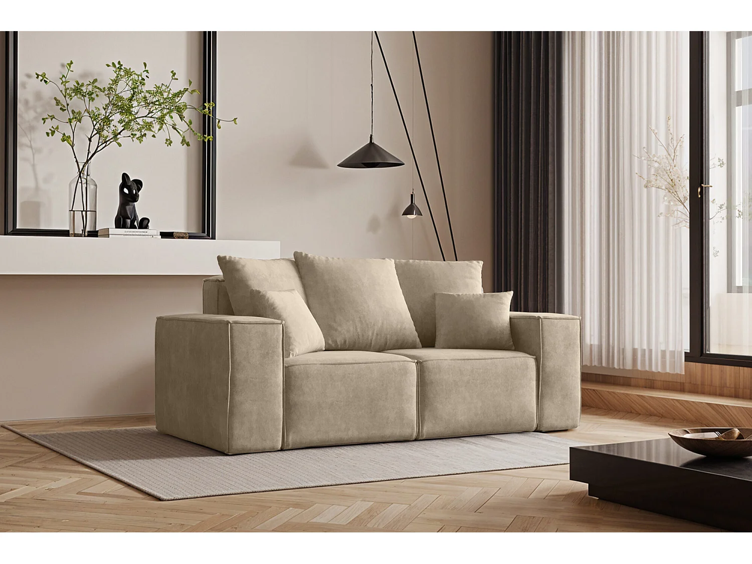 Canapé deux places ELLA, tissu Noel, beige clair