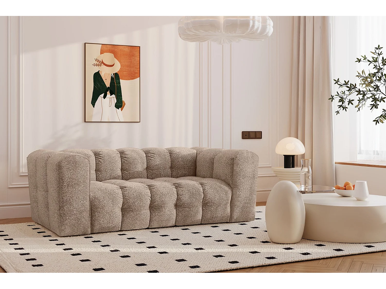 Sofa 2-Sitzer, Komfort Couch BALOO, stoff Schenille & Bouclé, Dunkelbeige