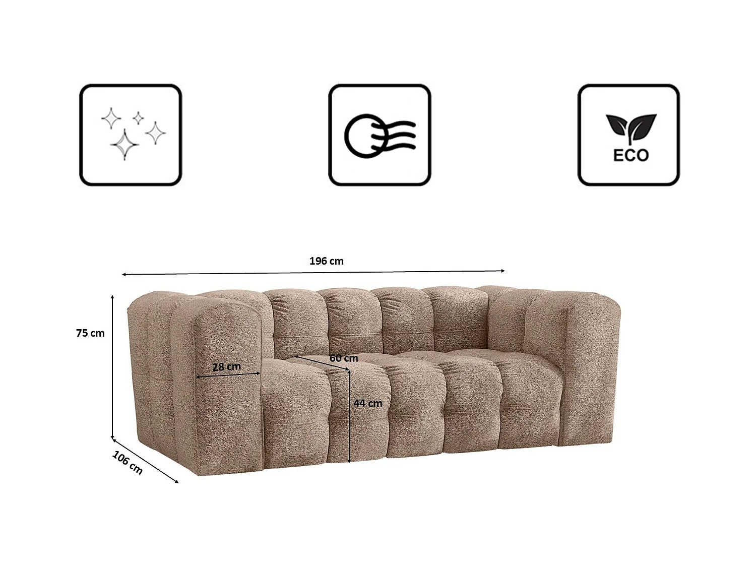 Sofa 2-Sitzer, Komfort Couch BALOO, stoff Schenille & Bouclé, Dunkelbeige