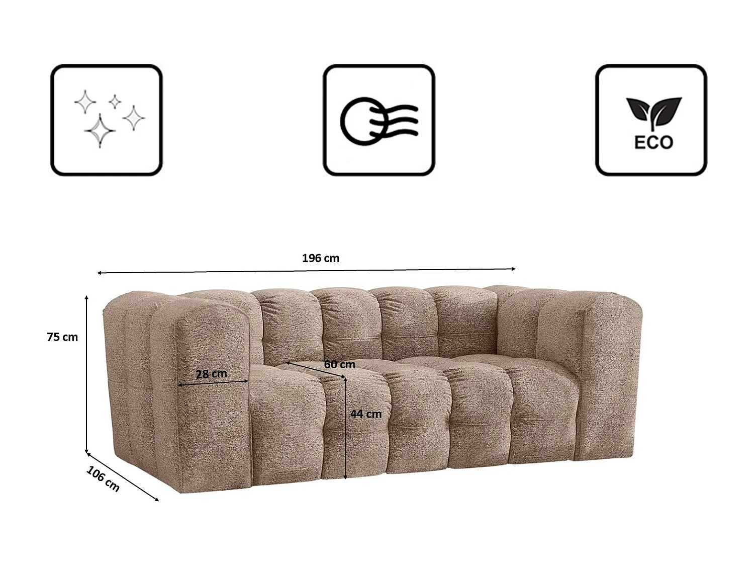 Sofa 2-Sitzer, Komfort Couch BALOO, stoff Schenille & Bouclé, Dunkelbeige