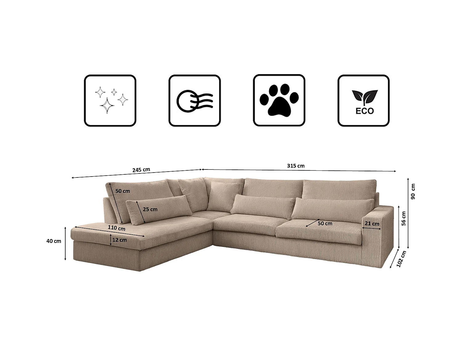 Canapé d'angle en L SVEN tissu Poso beige foncé gauche