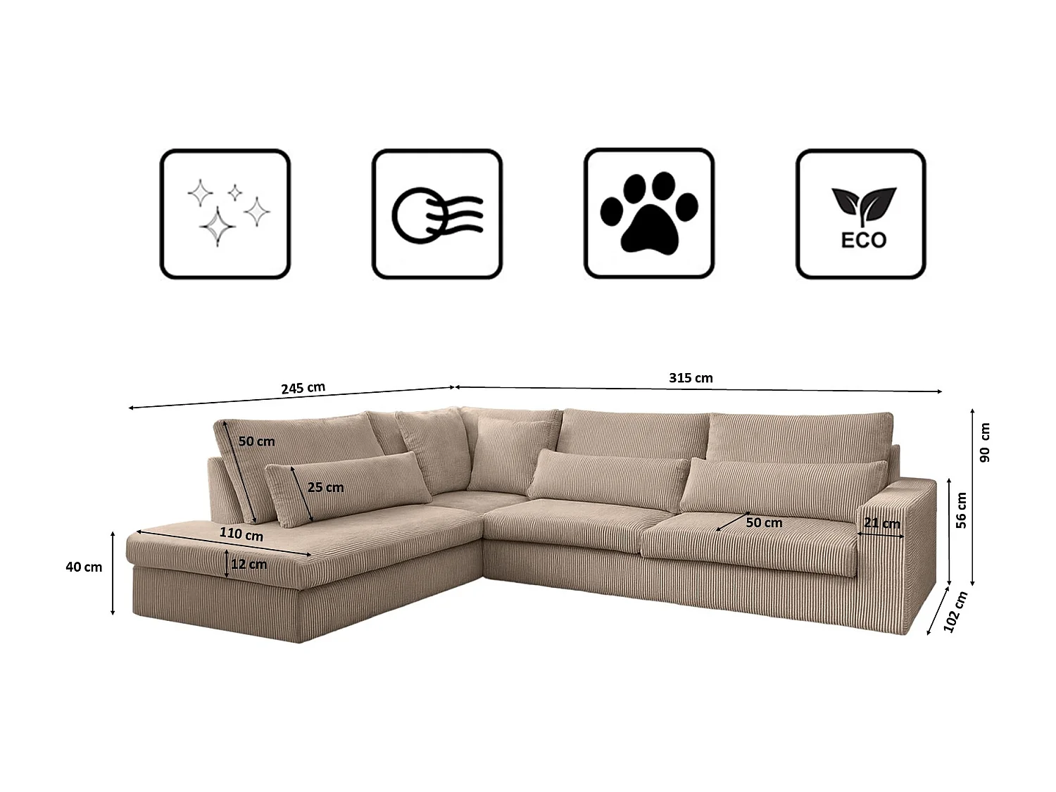 Canapé d'angle en L SVEN tissu Poso beige foncé gauche