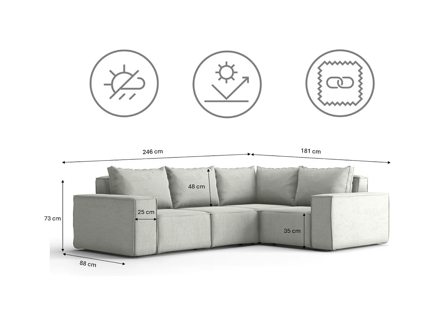 Gartenmöbel Ecksofa SONNE, Stoff ARTIKEL, Hellgrau, Links