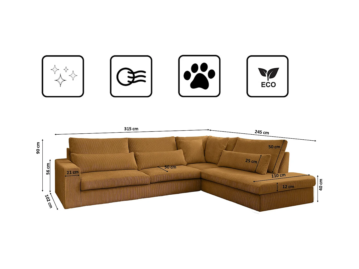 Canapé d'angle en L SVEN tissu Poso couleur moutarde droite