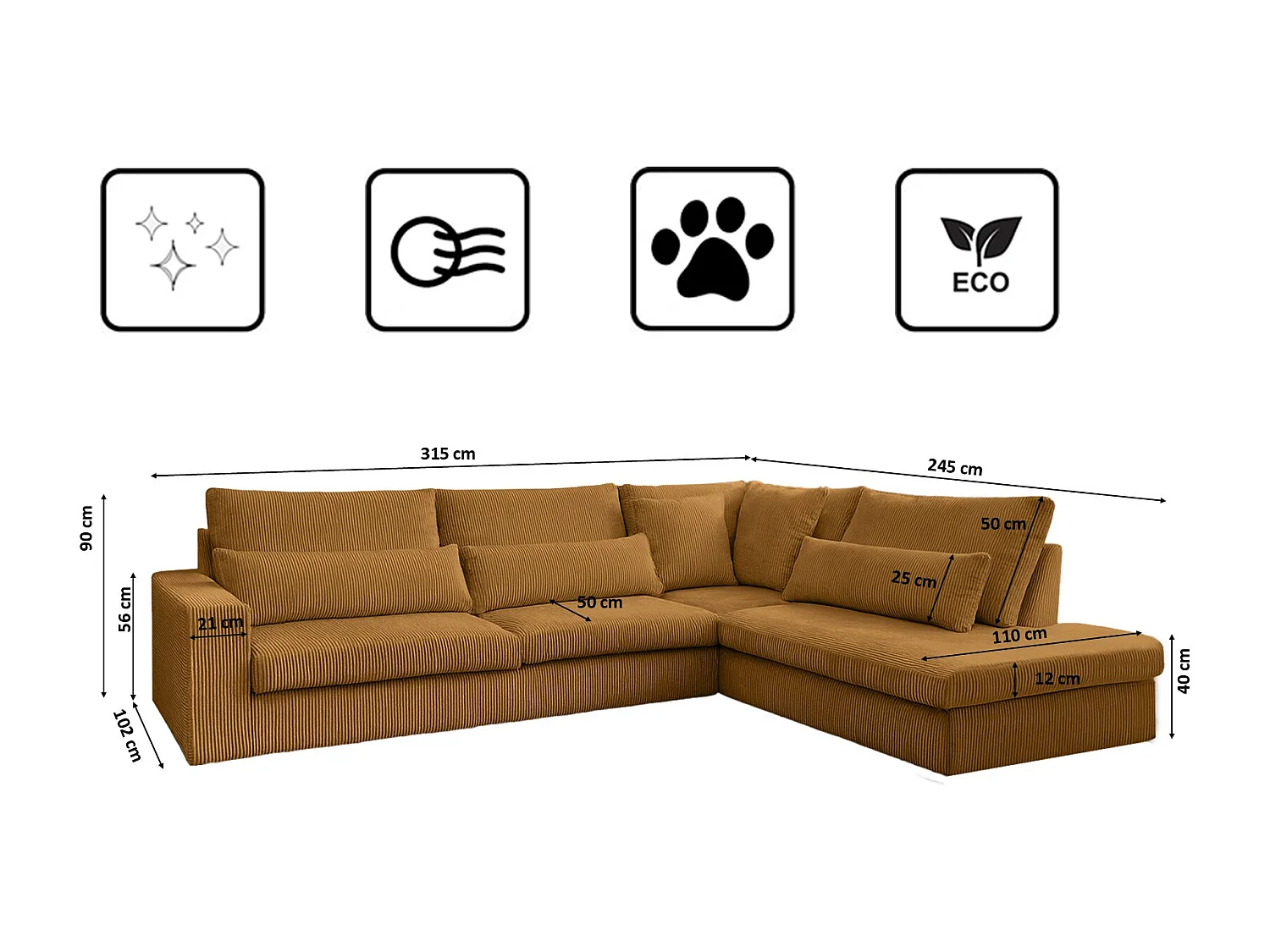 Canapé d'angle en L SVEN tissu Poso couleur moutarde droite