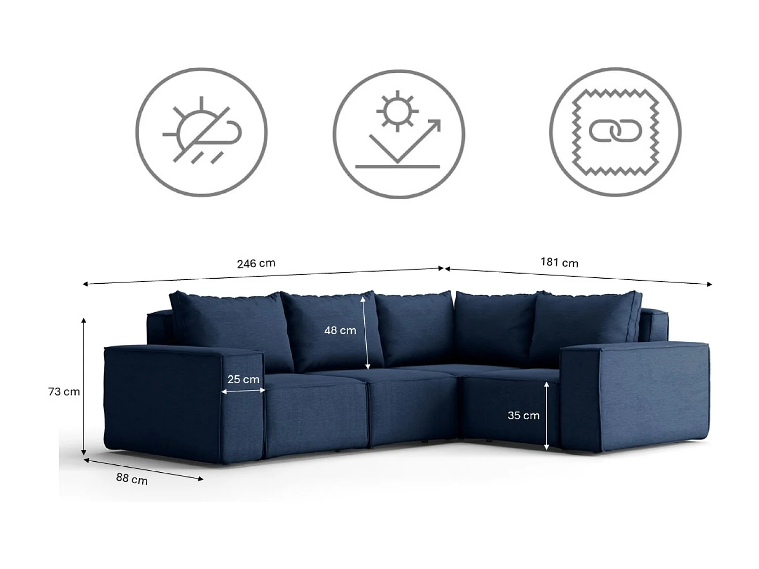 Salon de jardin canapé d'angle SONNE, tissu ARTICLE, bleu marine, gauche