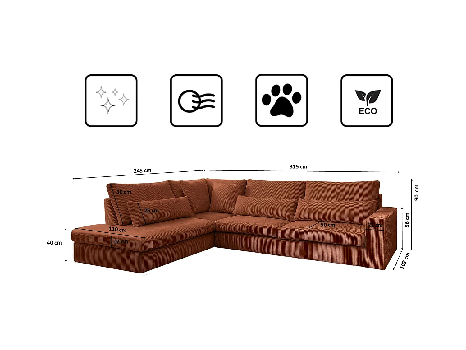 Canapé d'angle en L SVEN tissu Poso cuivre gauche