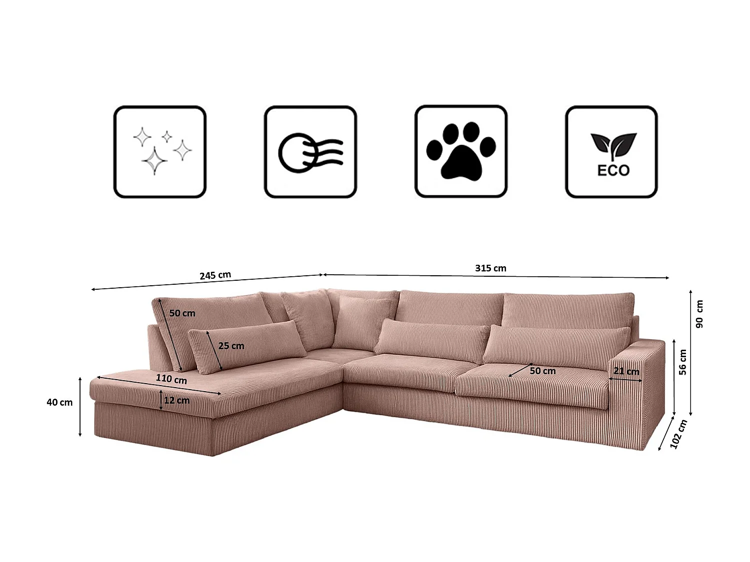 Canapé d'angle en L SVEN tissu Poso Rosa Gauche