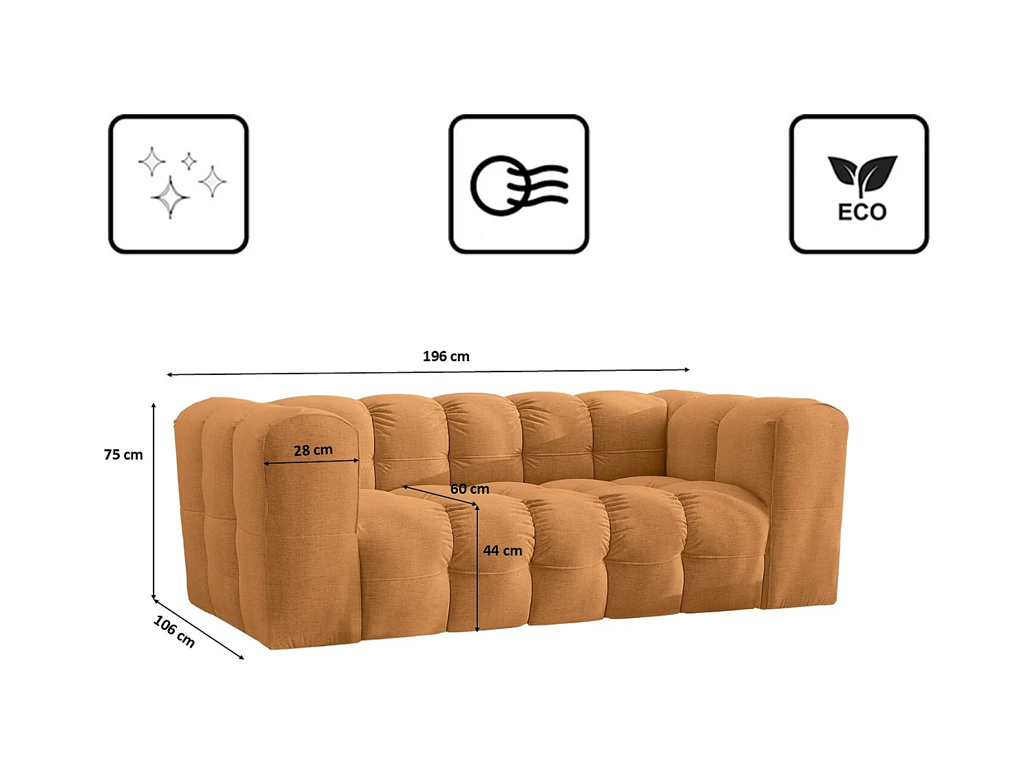 Sofa 2-Sitzer, Komfort Couch BALOO, stoff Schenille, Orange