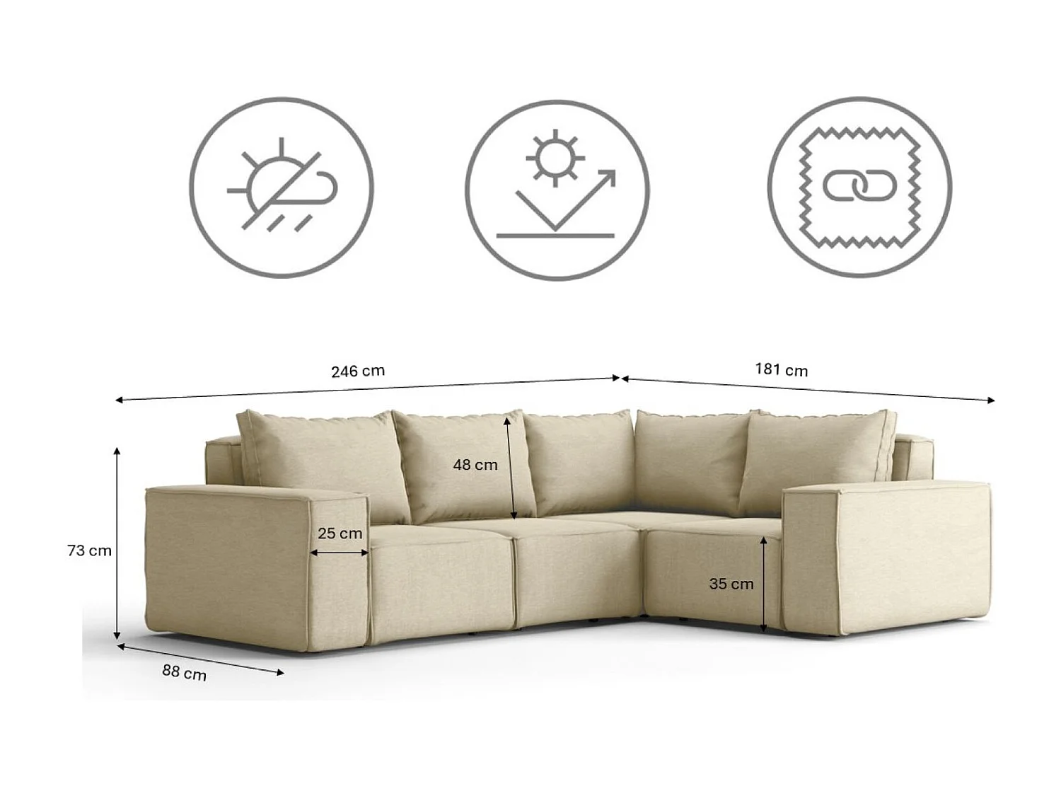 Salon de jardin canapé d'angle SONNE, tissu ARTICLE, beige, gauche