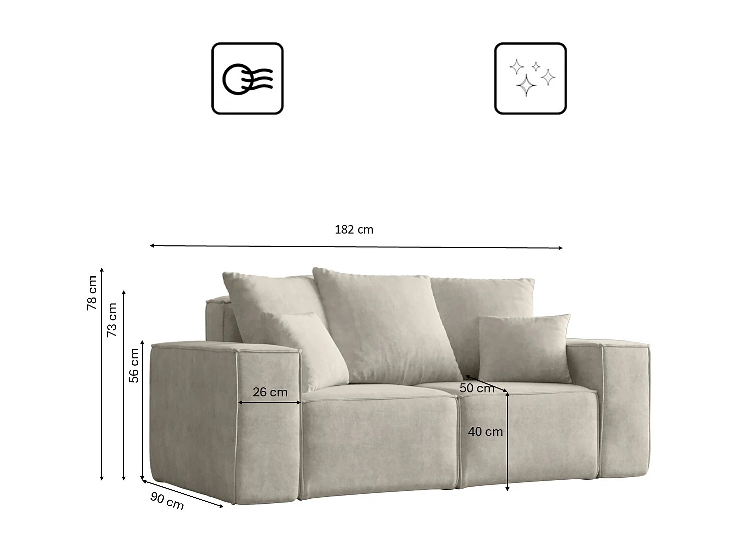 Canapé deux places ELLA, tissu Noel, gris clair