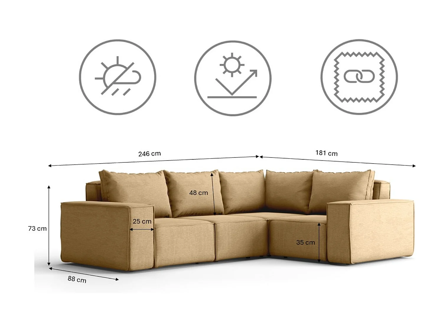 Salon de jardin canapé d'angle SONNE, tissu ARTICLE, Cappuccino, Gauche