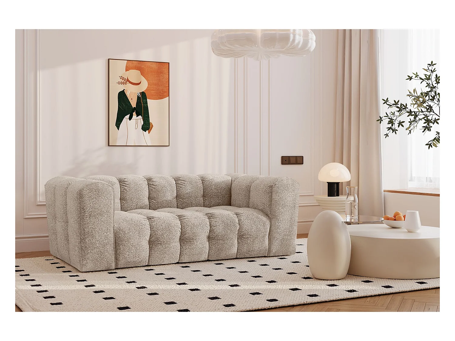 Sofa 2-Sitzer, Komfort Couch BALOO, stoff Schenille & Bouclé, Beige