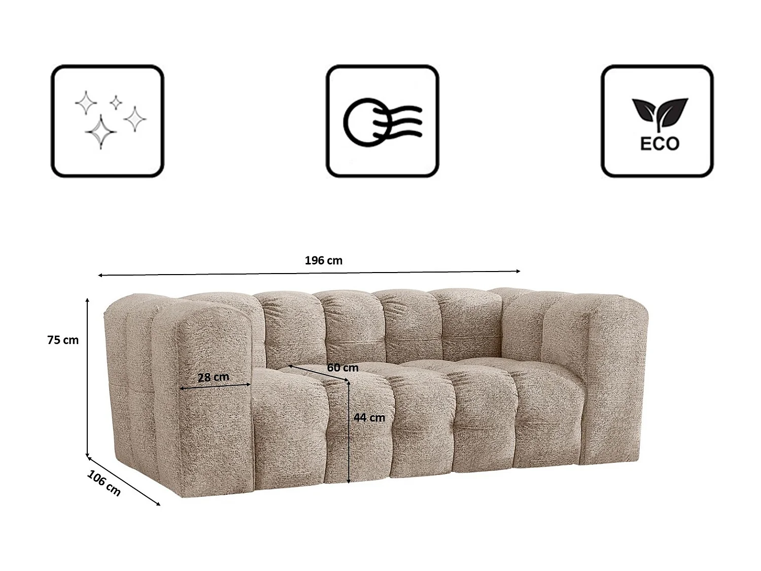 Sofa 2-Sitzer, Komfort Couch BALOO, stoff Schenille & Bouclé, Beige