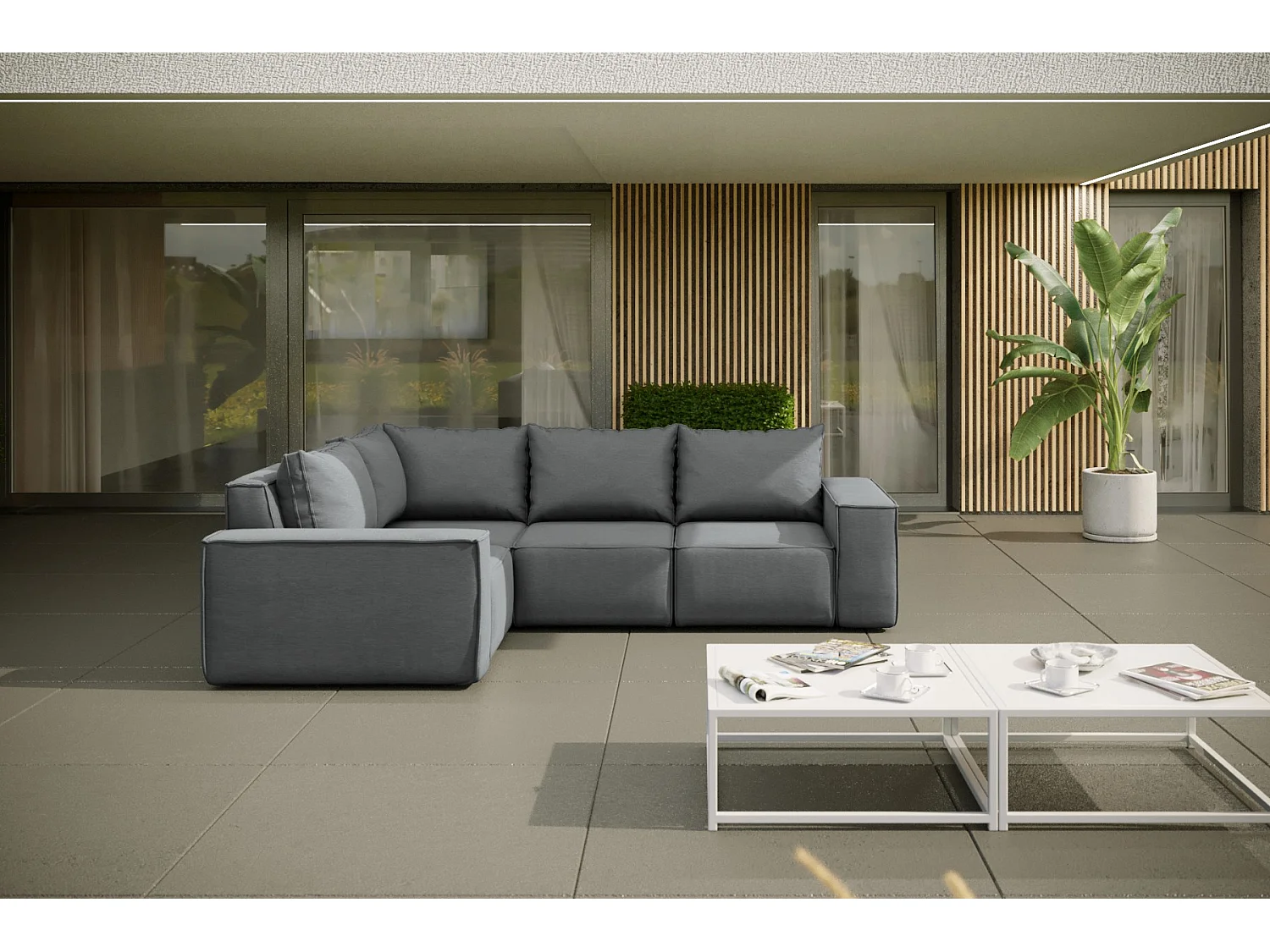 Salon de jardin canapé d'angle SONNE, tissu ARTICLE, gris, droit