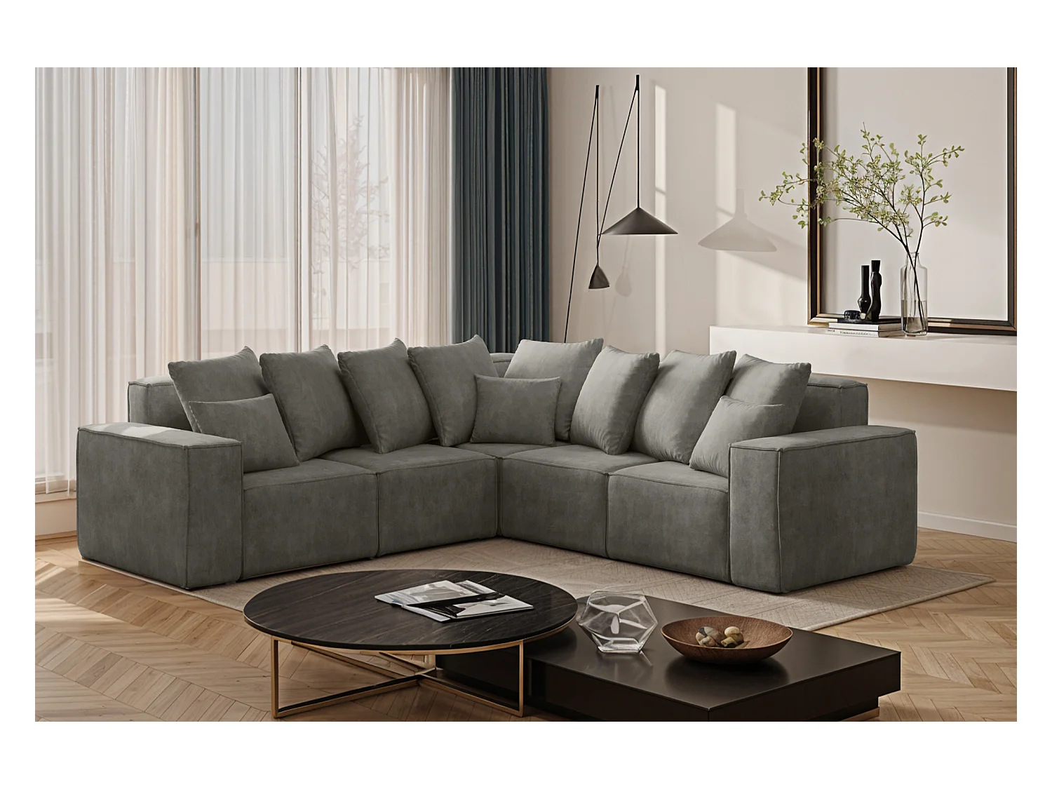 Canapé d'angle, Corner ELLA, tissu Noel, gris