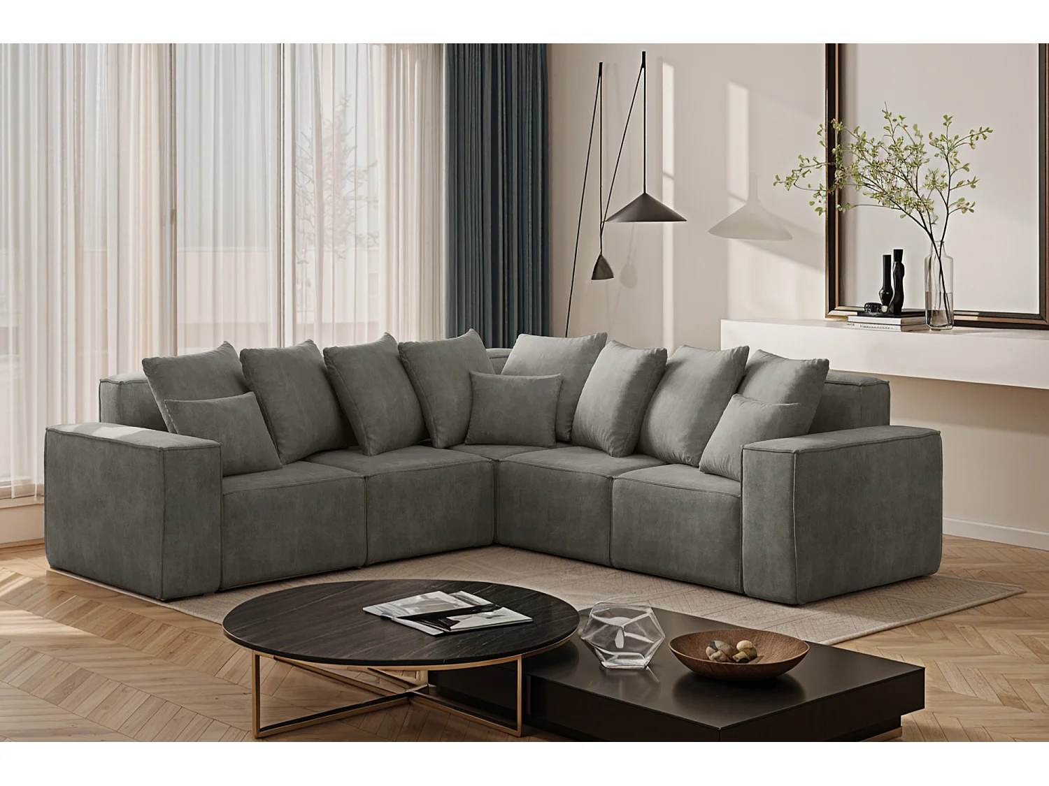 Canapé d'angle, Corner ELLA, tissu Noel, gris