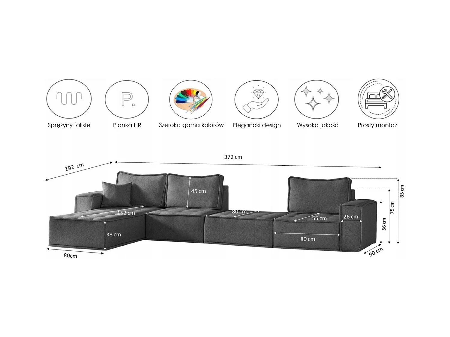 Canapé d'angle Bohoo XL en L, tissu Raven, gris, gauche