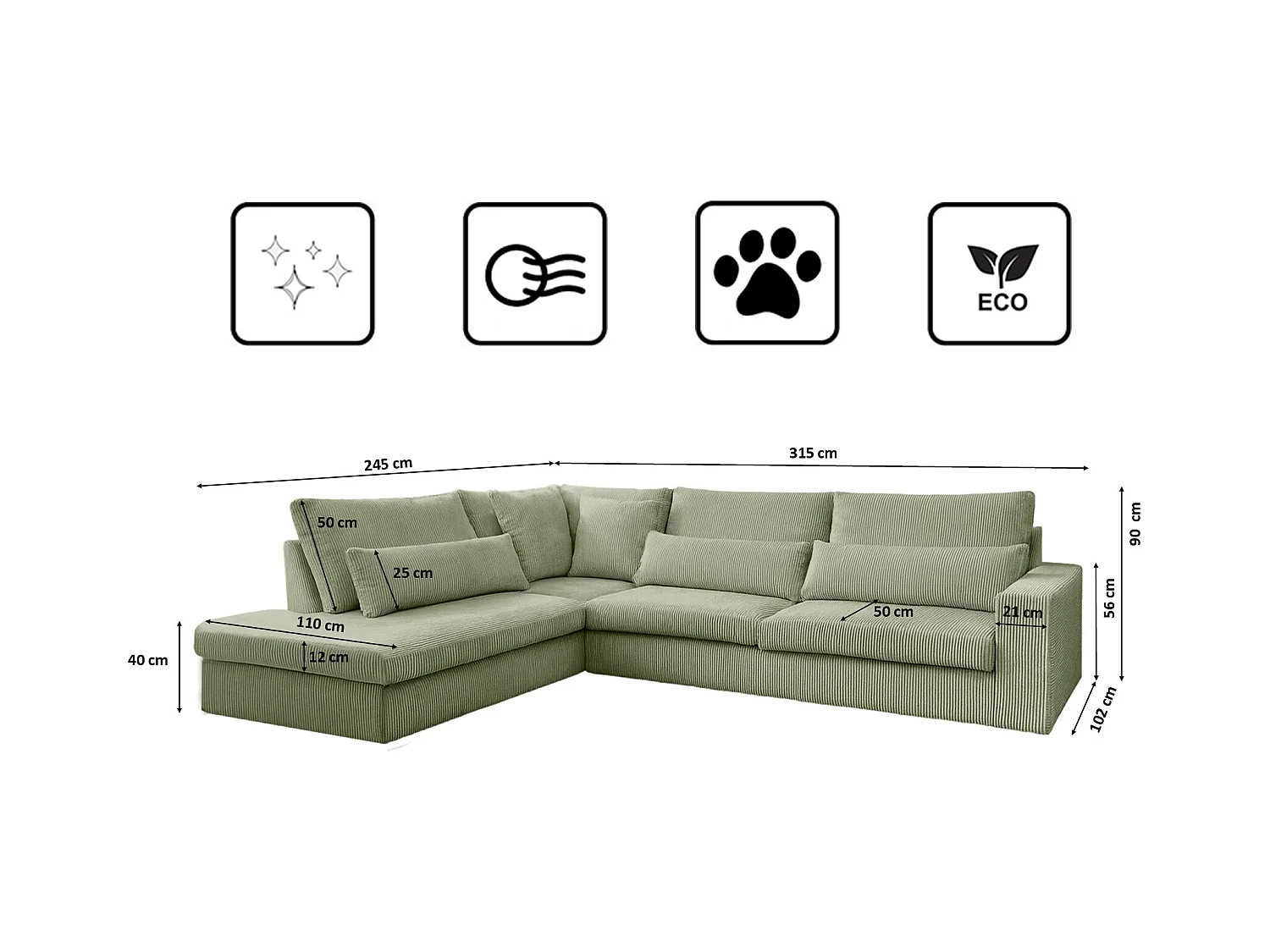 Canapé d'angle en L SVEN tissu Poso vert clair gauche