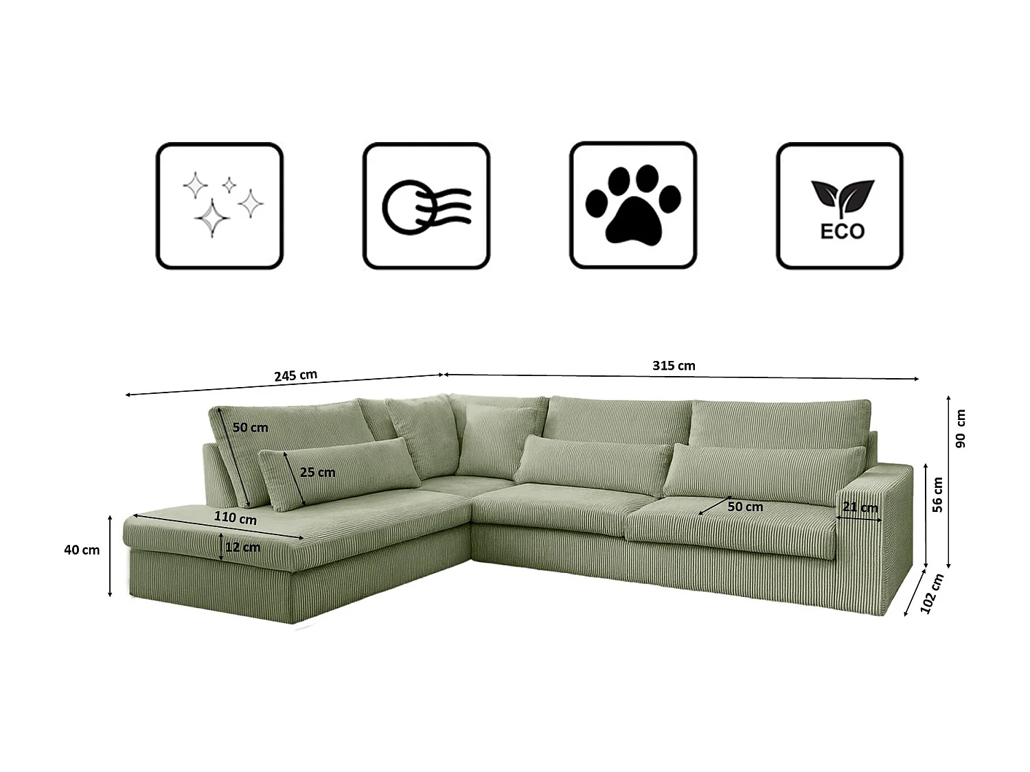 Canapé d'angle en L SVEN tissu Poso vert clair gauche