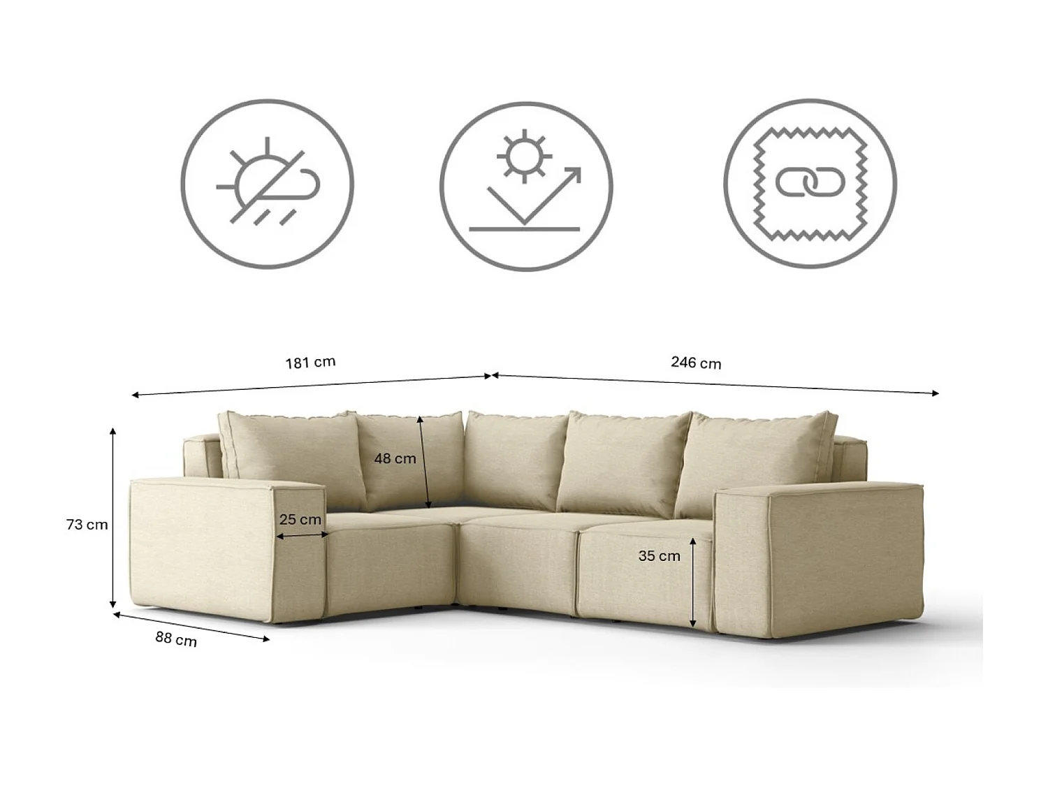 Salon de jardin canapé d'angle SONNE, tissu ARTICLE, beige, droit