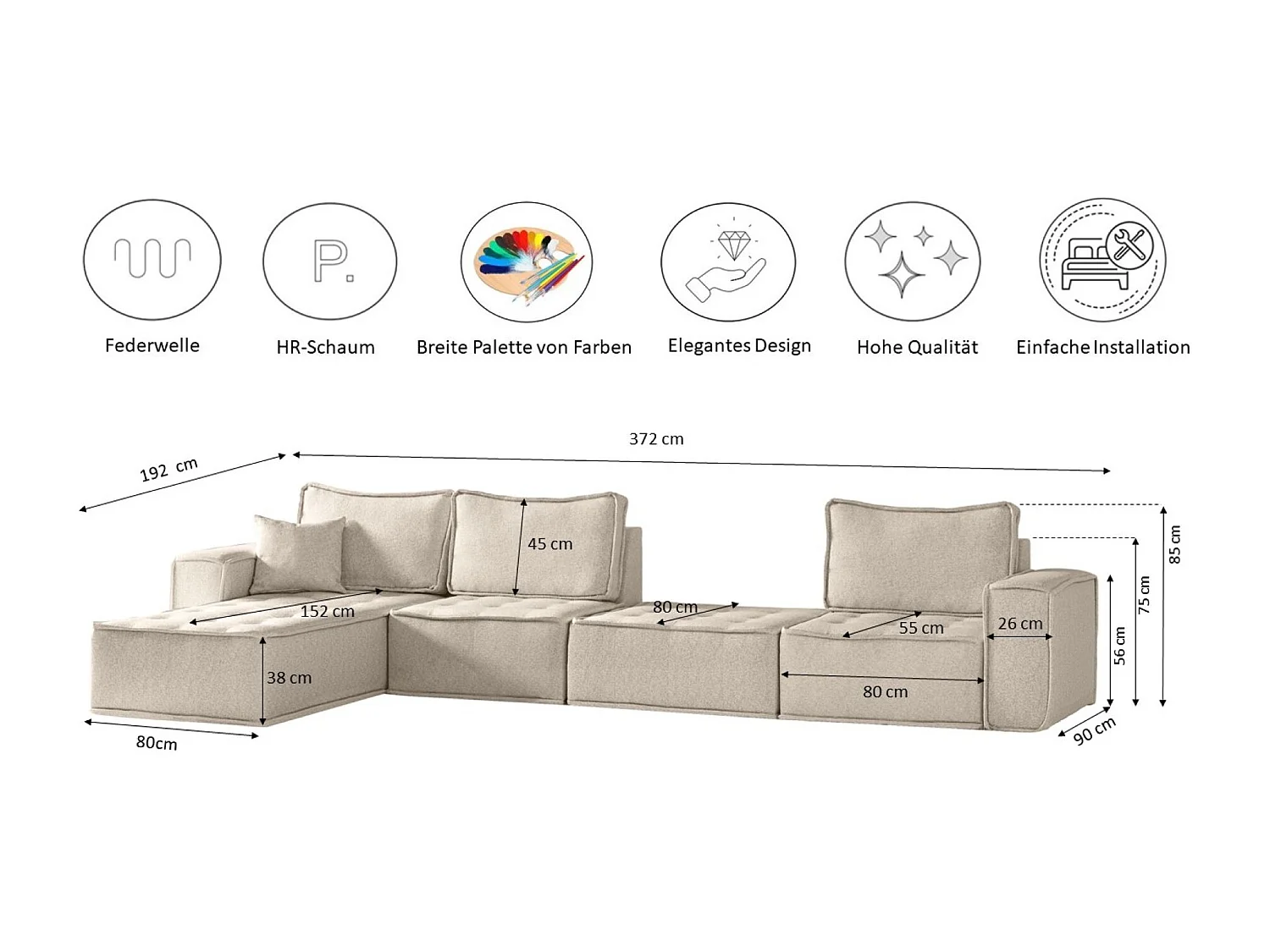 Canapé d'angle Bohoo XL en L, tissu Raven, beige clair, droit