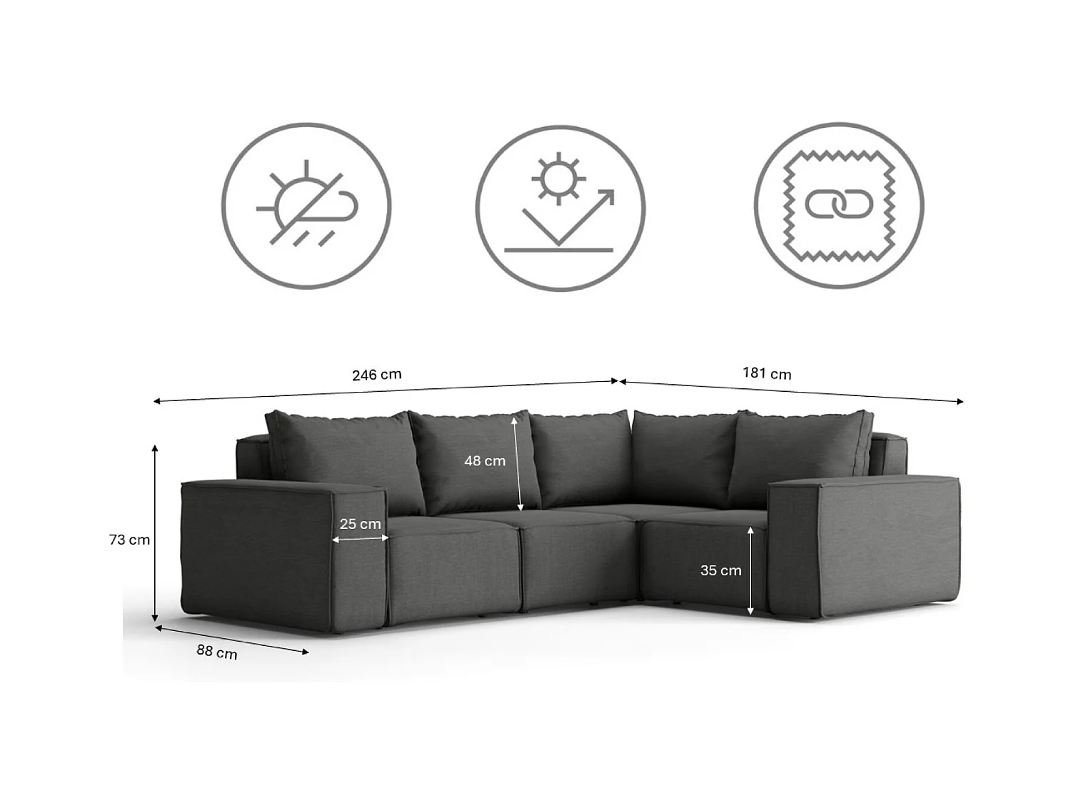 Gartenmöbel Ecksofa SONNE, Stoff ARTIKEL, Grau, Links