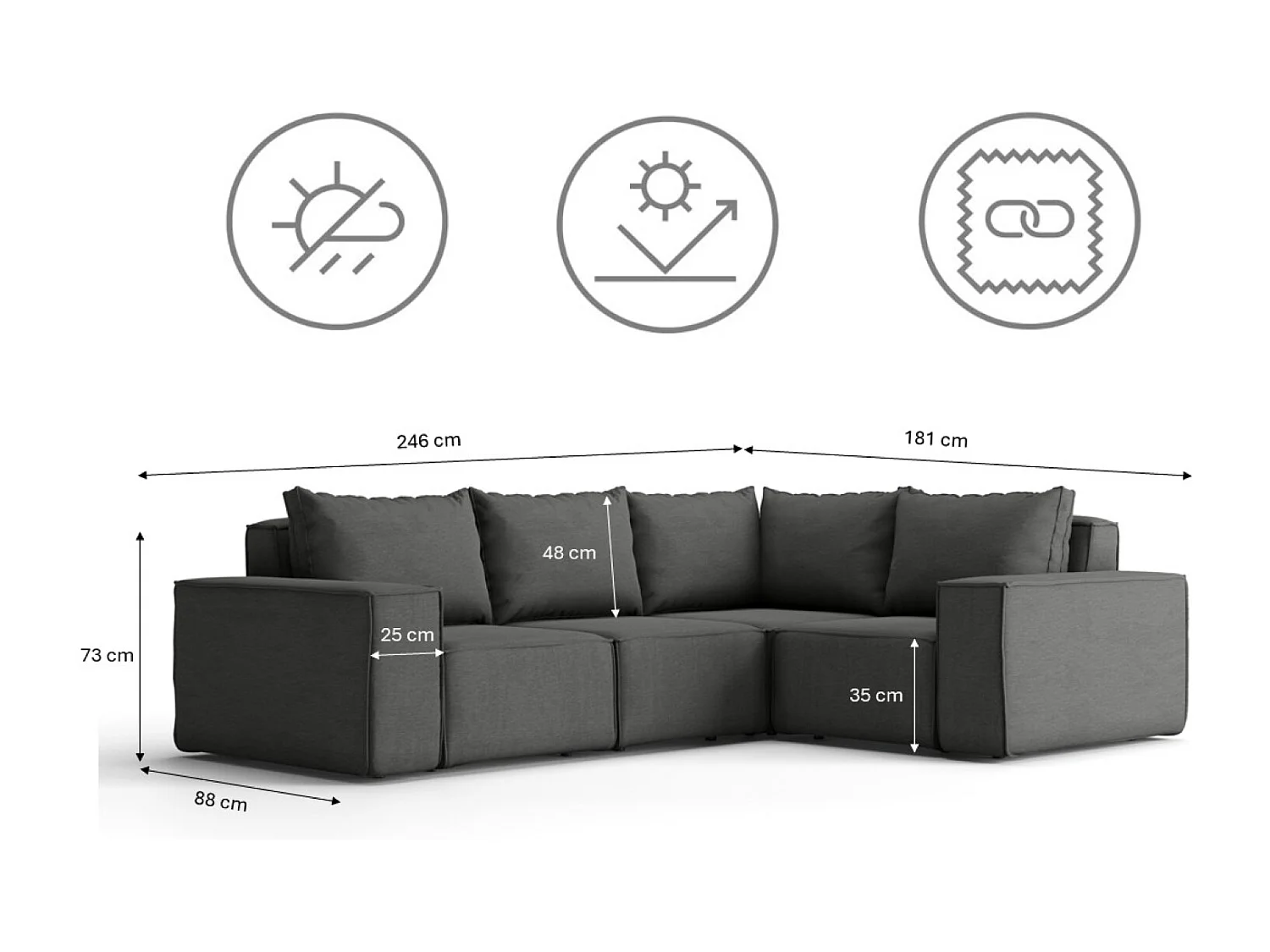 Salon de jardin canapé d'angle SONNE, tissu ARTICLE, gris, gauche