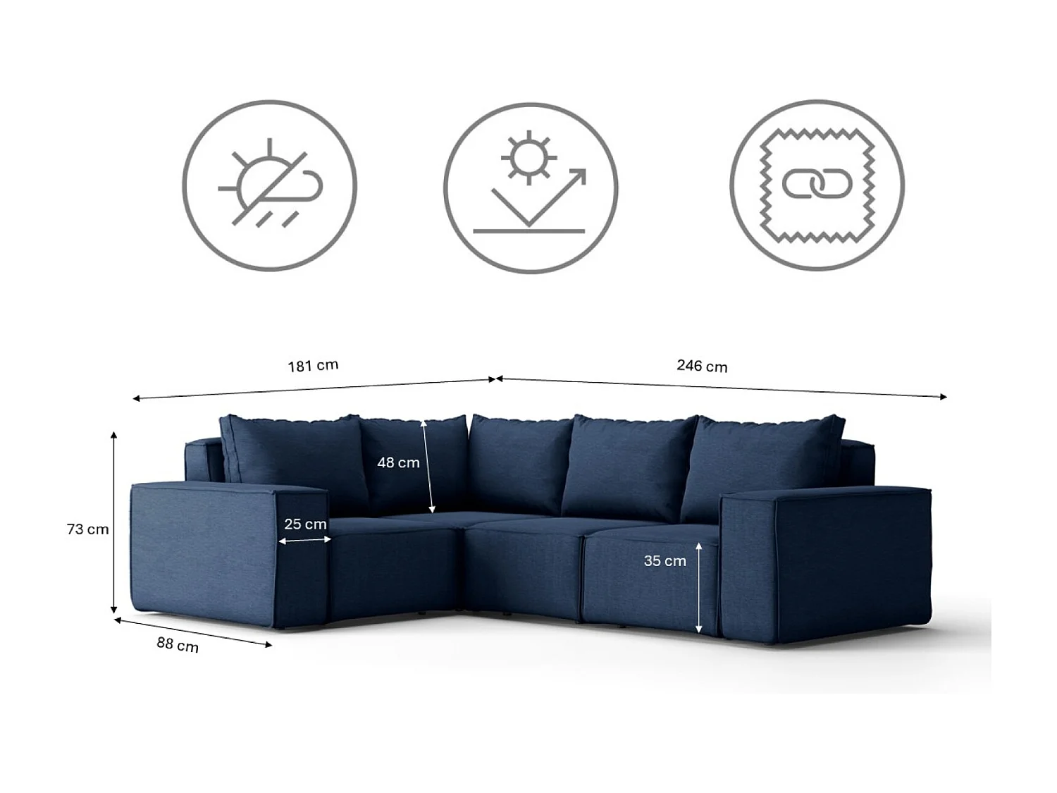 Salon de jardin canapé d'angle SONNE, tissu ARTICLE, bleu marine, droit