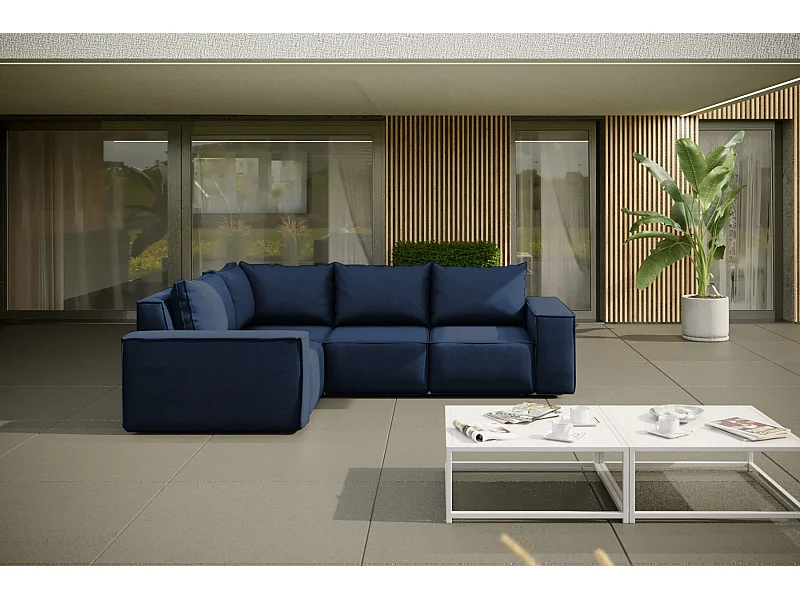 Salon de jardin canapé d'angle SONNE, tissu ARTICLE, bleu marine, droit