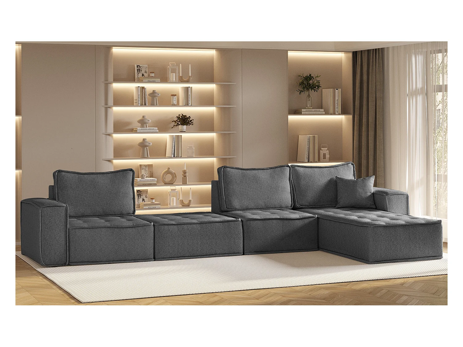 Canapé d'angle Bohoo XL en L, tissu Raven, gris foncé, droit