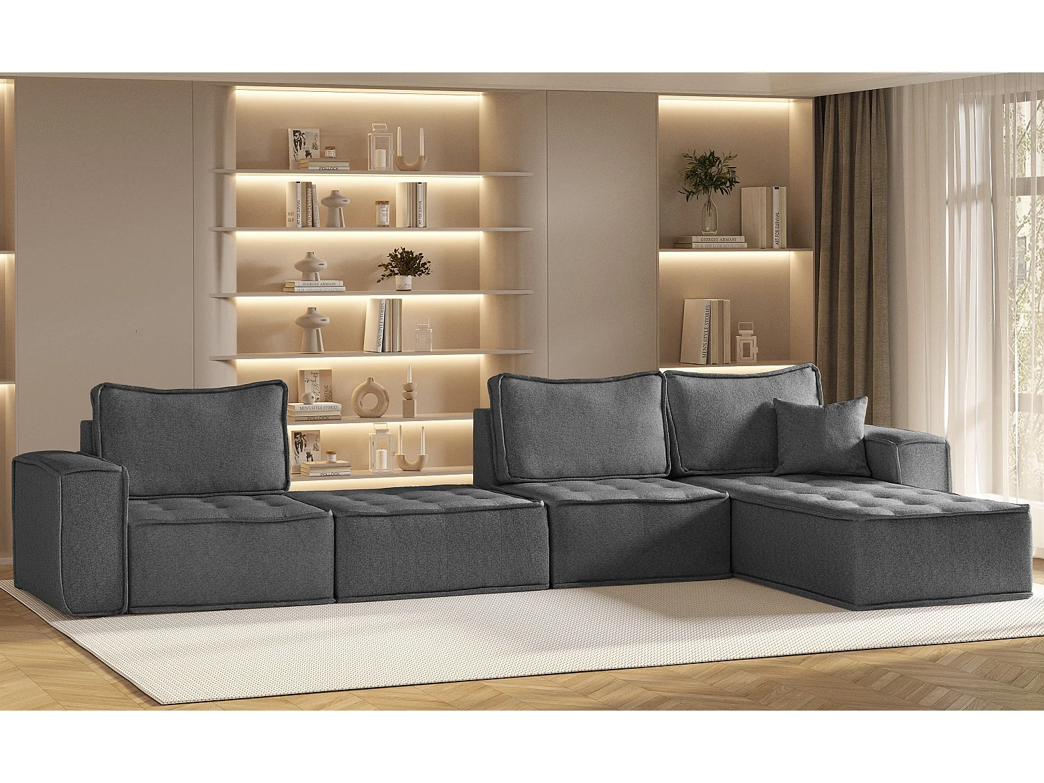 Canapé d'angle Bohoo XL en L, tissu Raven, gris foncé, droit