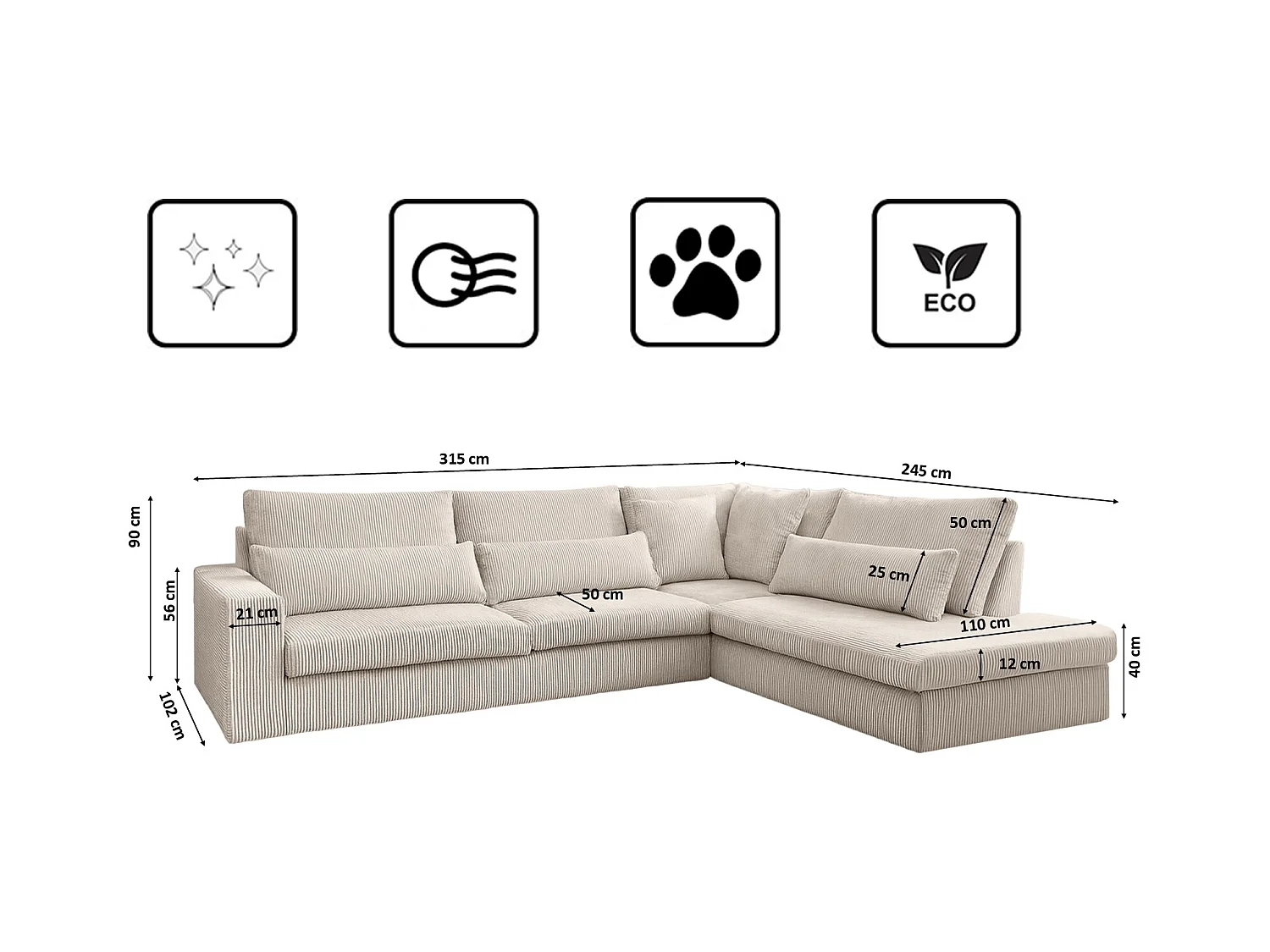 Canapé d'angle en L SVEN tissu Poso Beige Droite