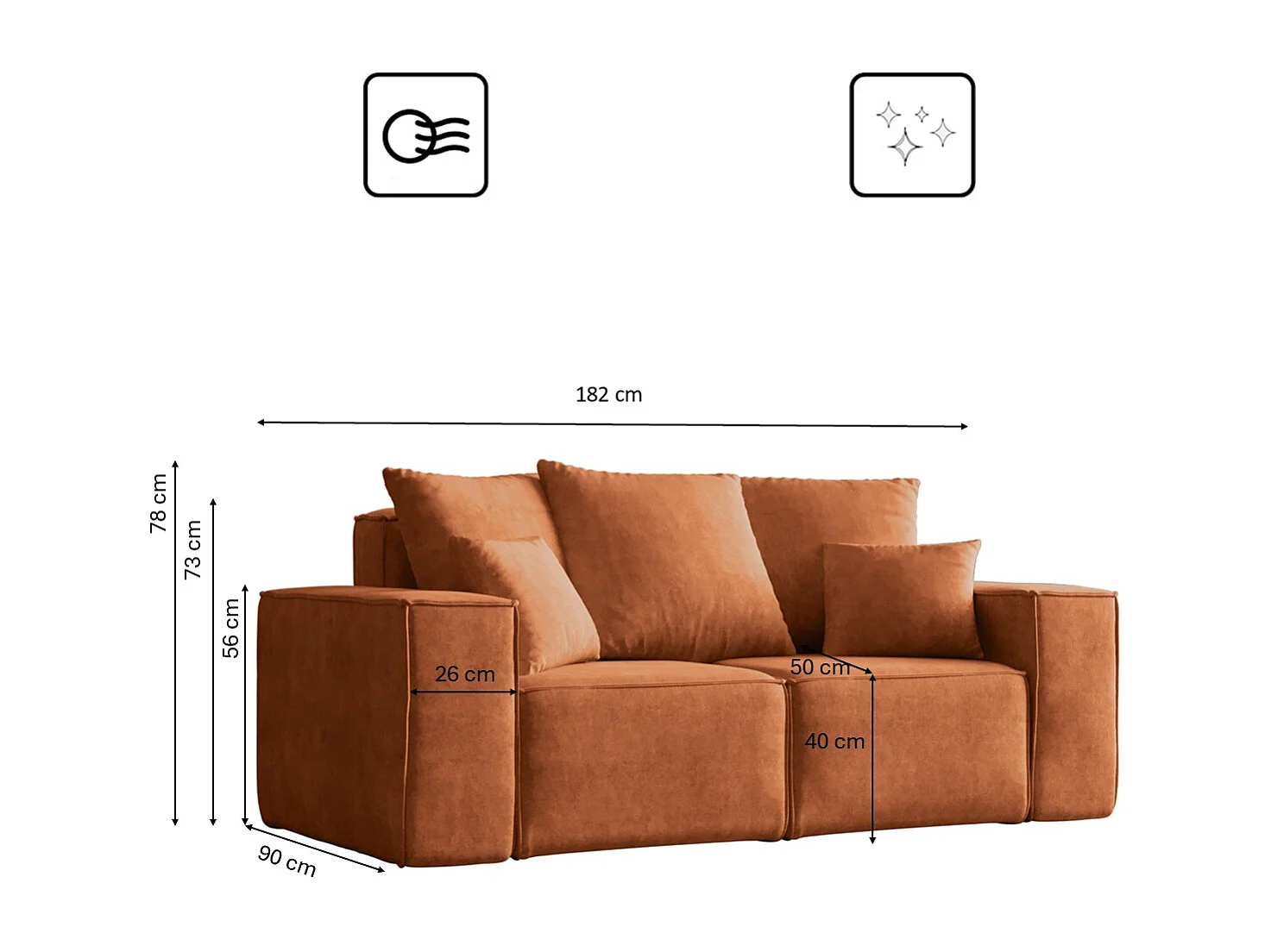 Canapé deux places ELLA, tissu Noel, orange