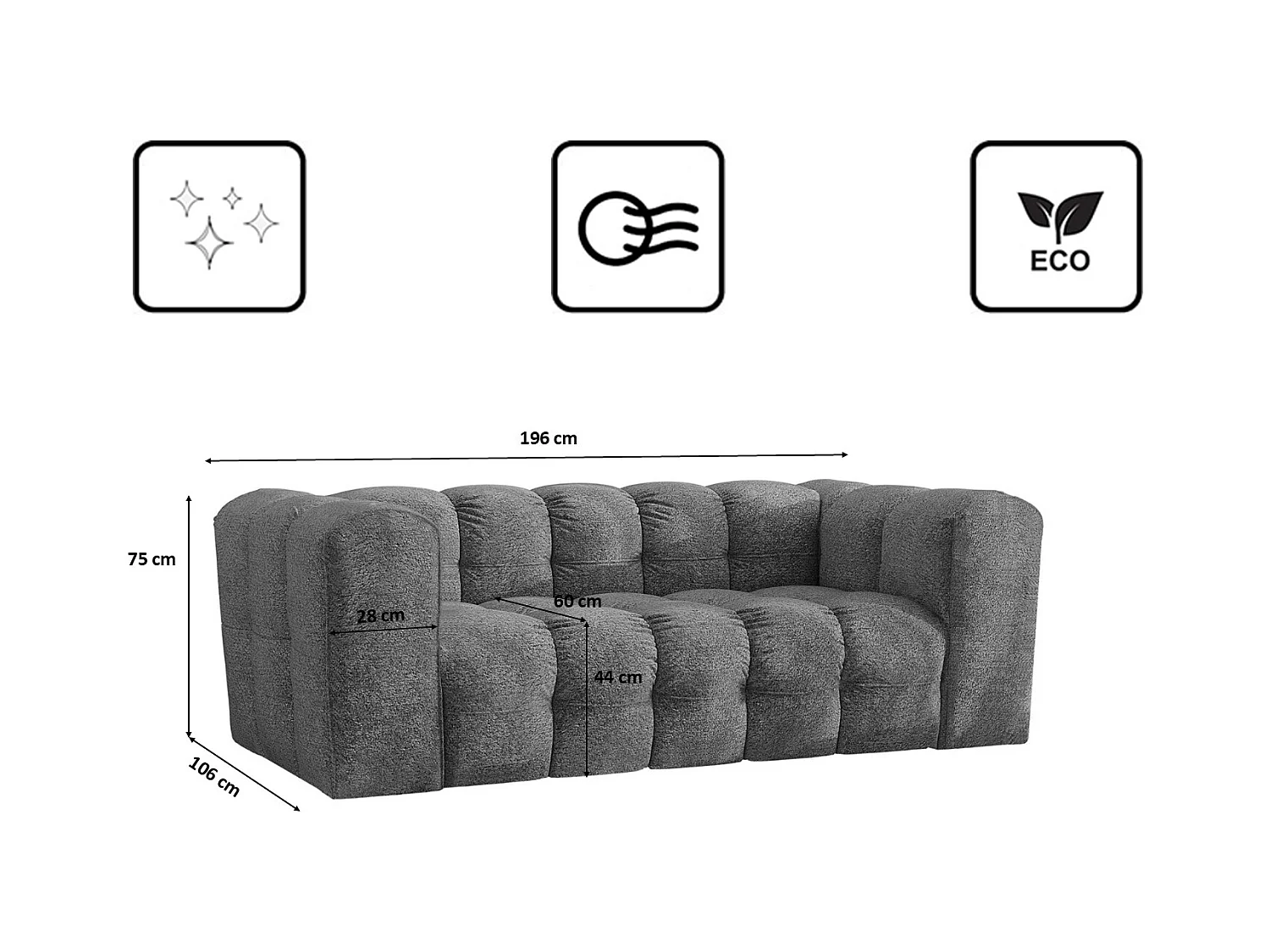 Sofa 2-Sitzer, Komfort Couch BALOO, stoff Schenille & Bouclé, Anthrazit