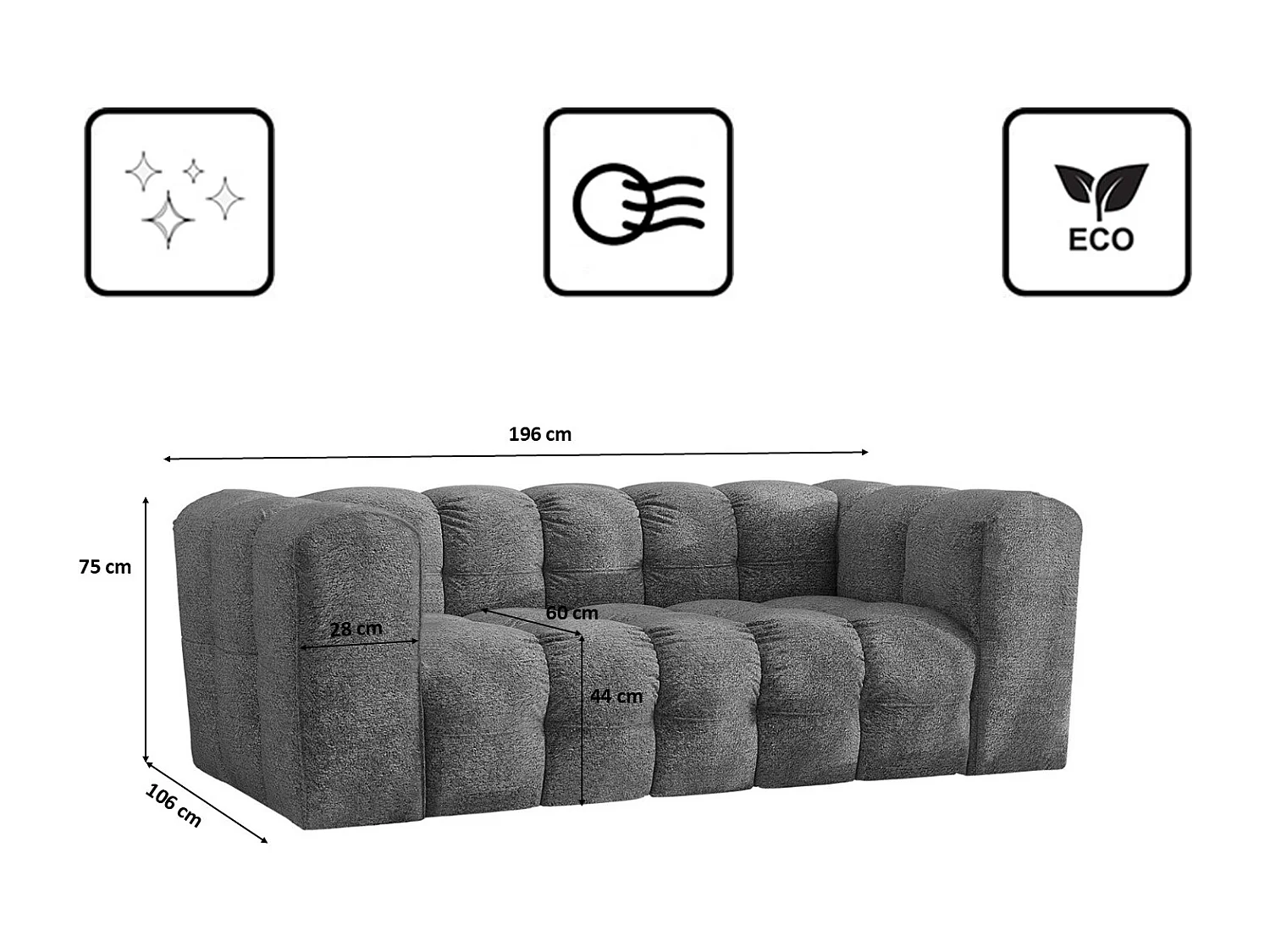 Sofa 2-Sitzer, Komfort Couch BALOO, stoff Schenille & Bouclé, Anthrazit